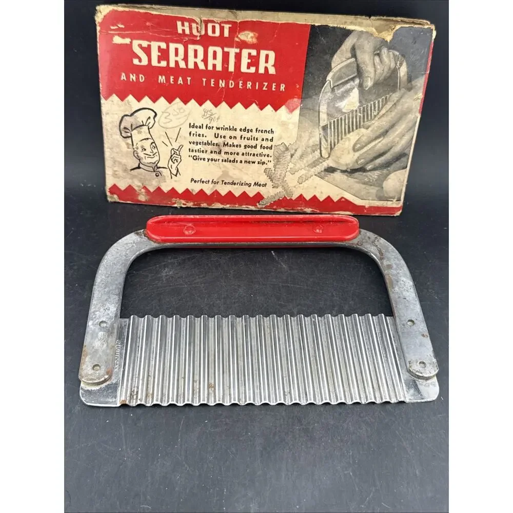 Vintage Huot Serrater & Meat Tenderizer Original Package Red Plastic Handle